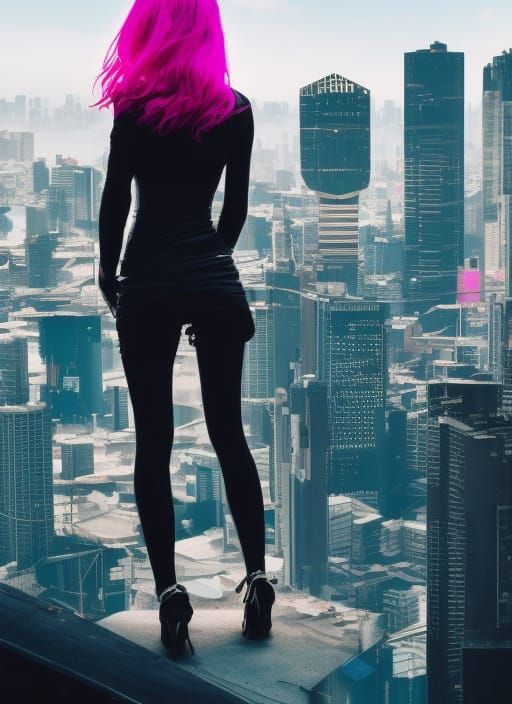 Cyberpunk Spy Girl Overlooking Dark City