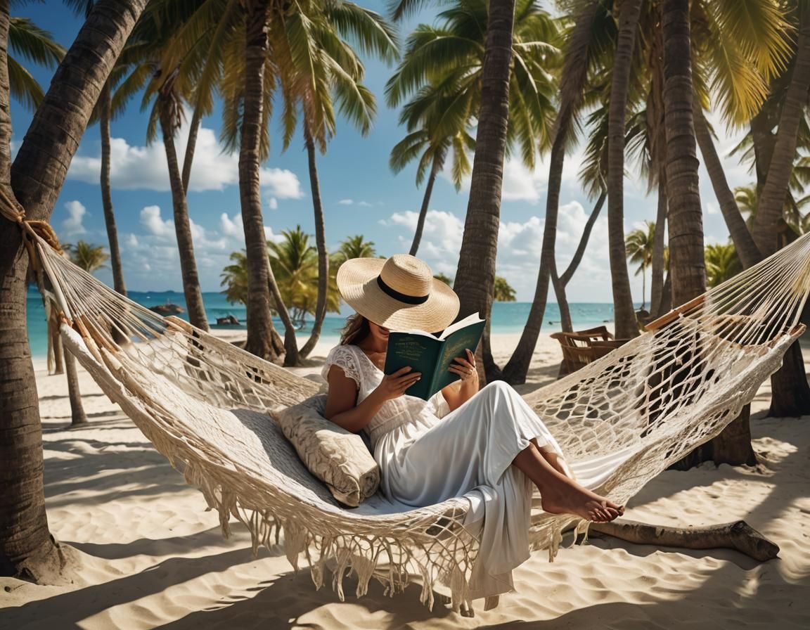 Woman in Hammock on Tropical Beach in Fantasy Art