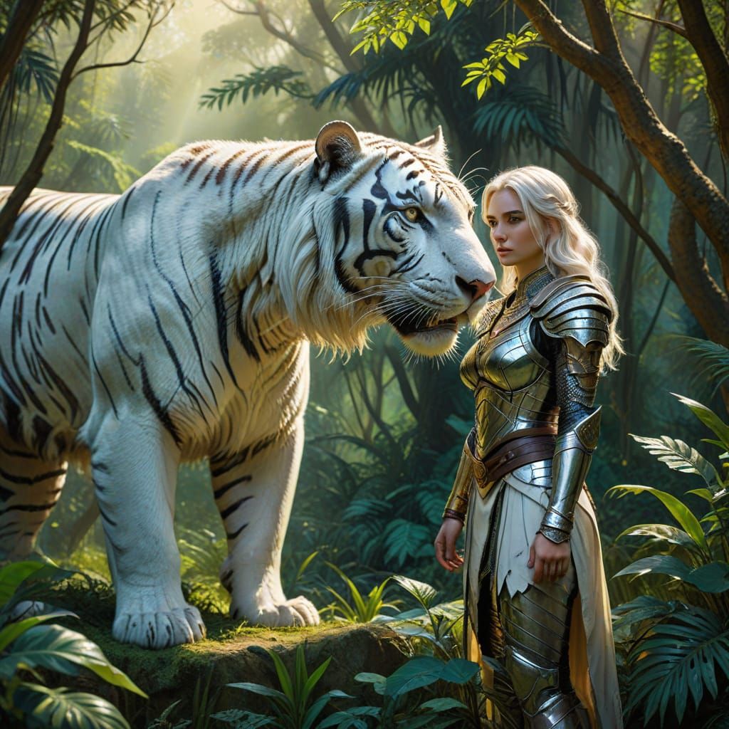 Ranger and Giant Tiger in Jungle, Oil Painting
