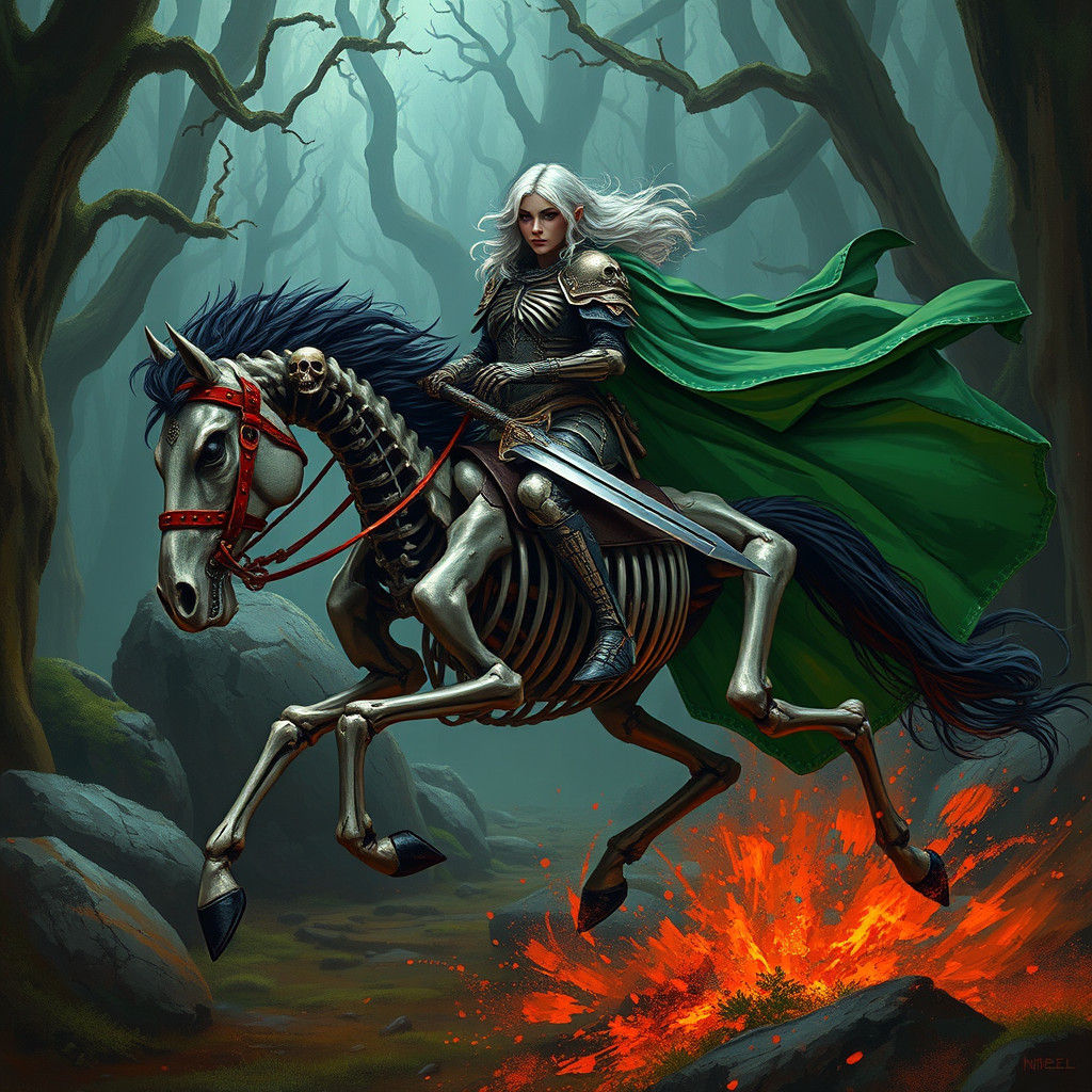 Skeletal Warrior Rides Through Mystical Forest, Graffiti Art