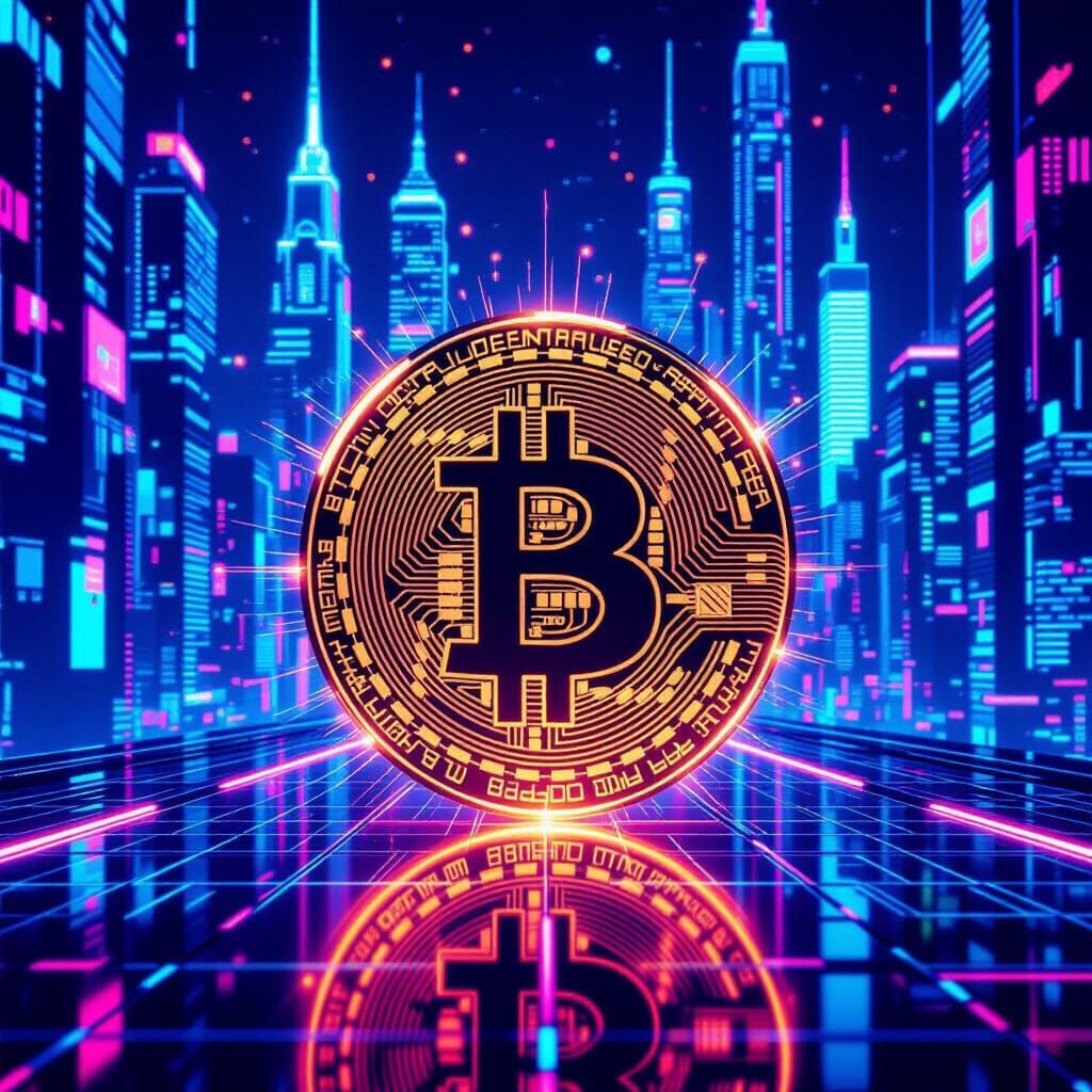 Bitcoin Symbol Shines in Neon Cyberpunk Cityscape
