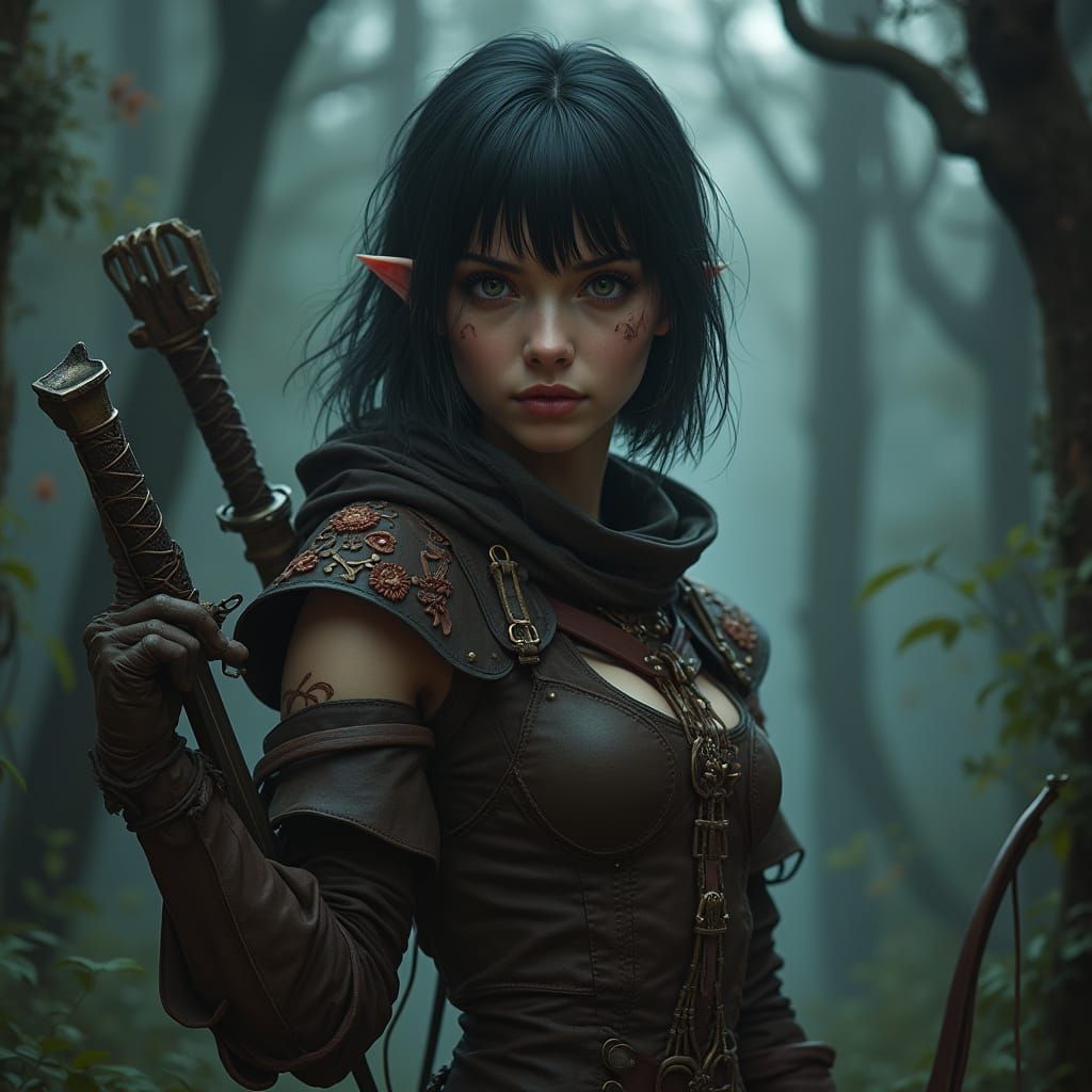 Gritty Half-Elf Rogue with Choppy Bangs in Dark Futuristic F...