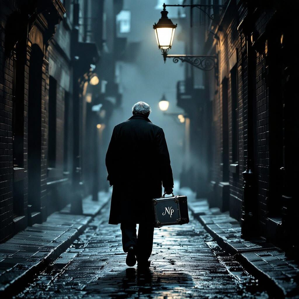 Noir Detective Walks Dim Street with Silver Suitcase