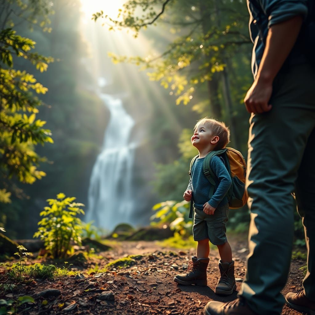 Father and Son Share a Moment in the Misty Forest