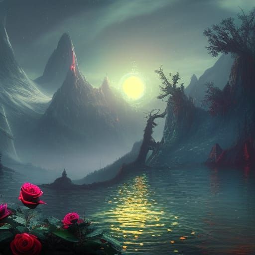 Glowing Roses Under Moonlit Lake: Fantasy Matte Painting