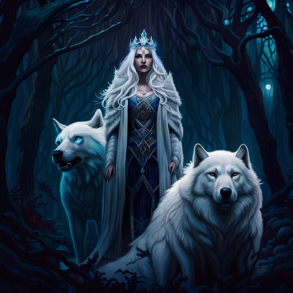 Goddess with White Wolf in Forest at Night