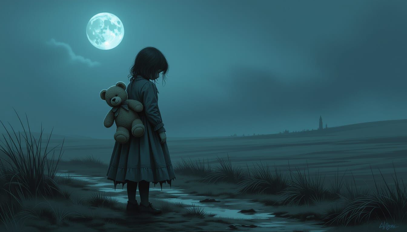Spectral Victorian Child with Teddy Bear on Moonlit Moor
