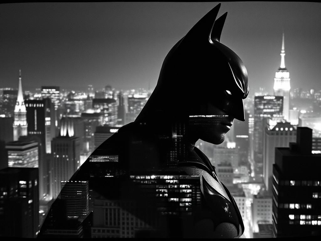 Gotham City Double Exposure with Batman in Gritty Monochroma...