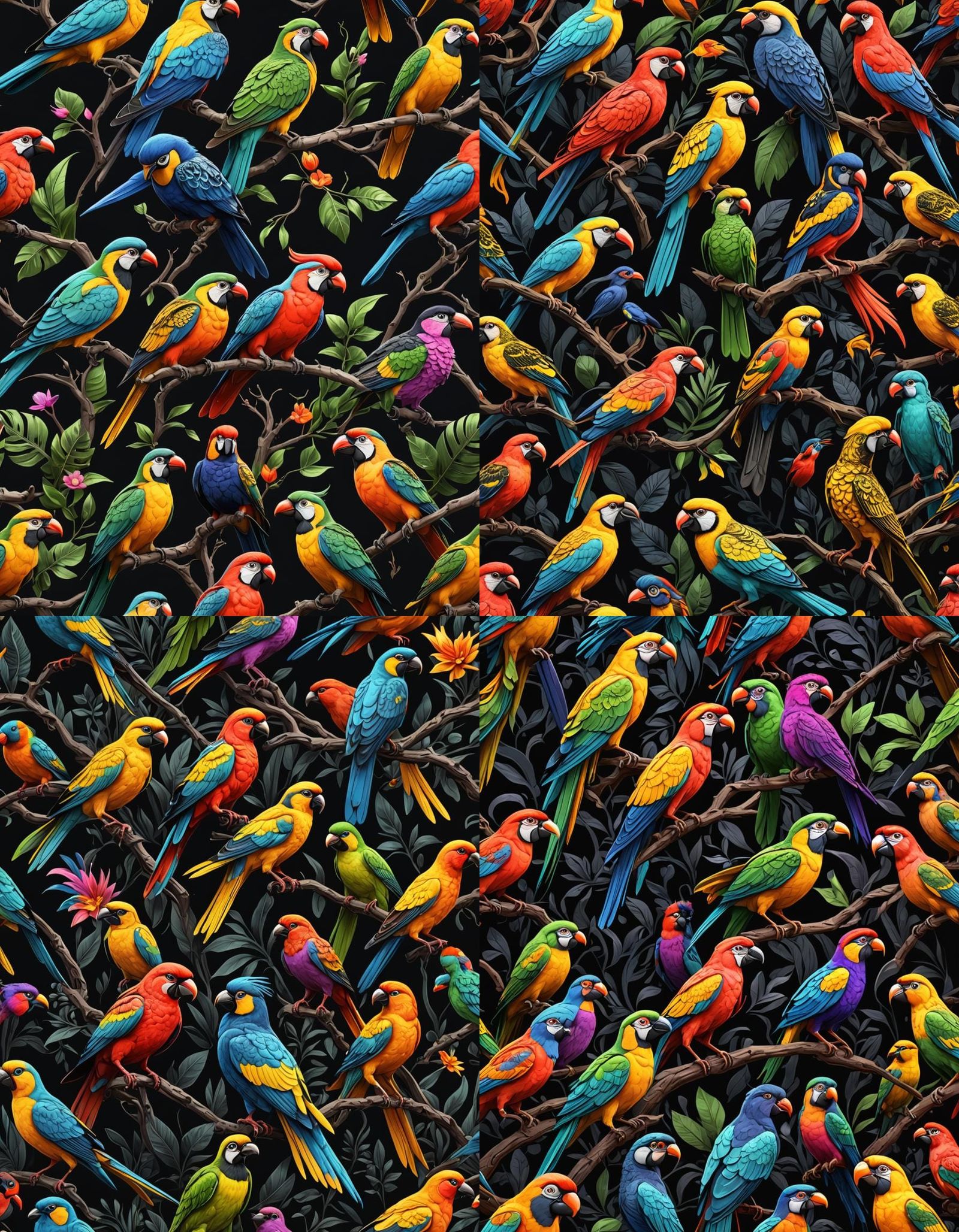 Exotic Birds on Black Background: 3D Render