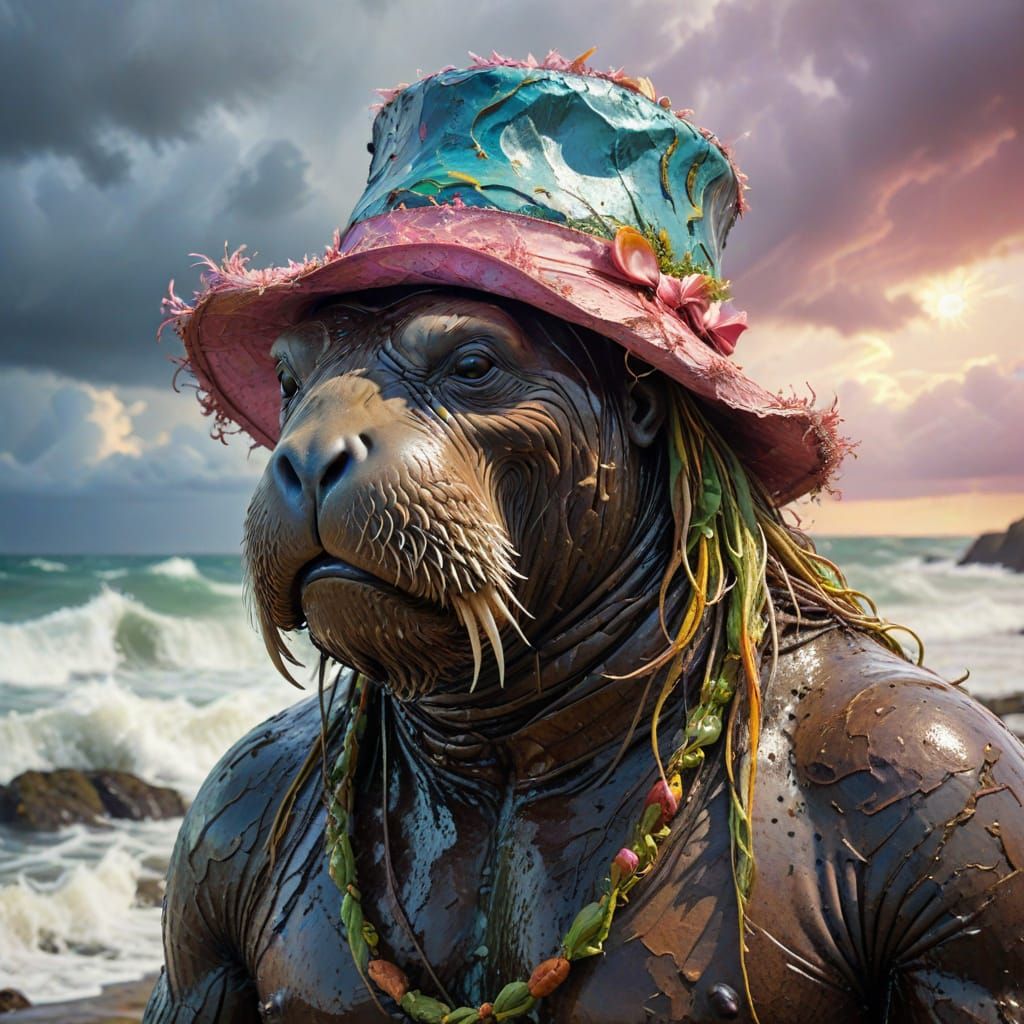 Colossal Walrus with Seafood Hat on Stormy Shore