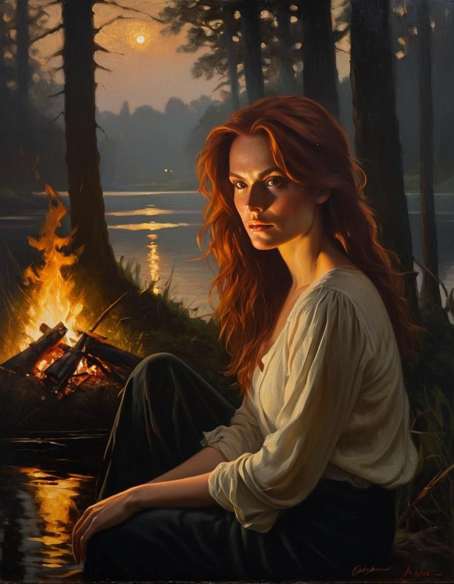 Auburn Woman in Forest Firelight: Chiaroscuro Oil Painting