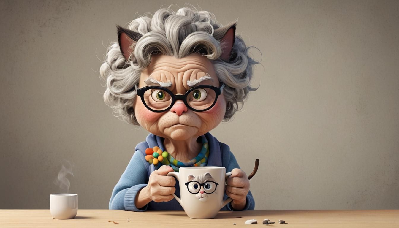 Grumpy Granny Cat in Pixar-Style 3D Cartoon