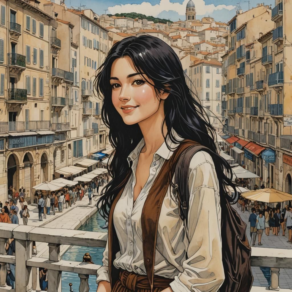 Young Woman and Lover in Marseille, Anime Style