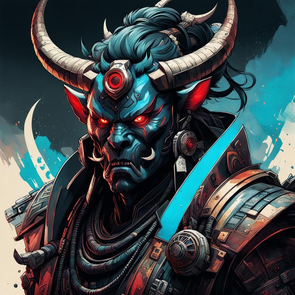 Cyberpunk Oni Demon in Japanese Etched Art Style
