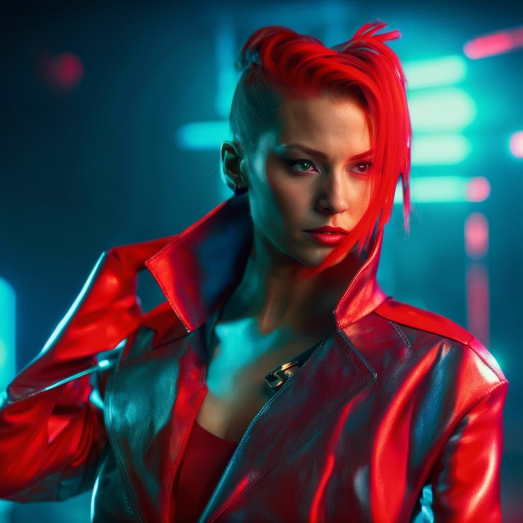 Cyberpunk Woman with Red Hair in Gold