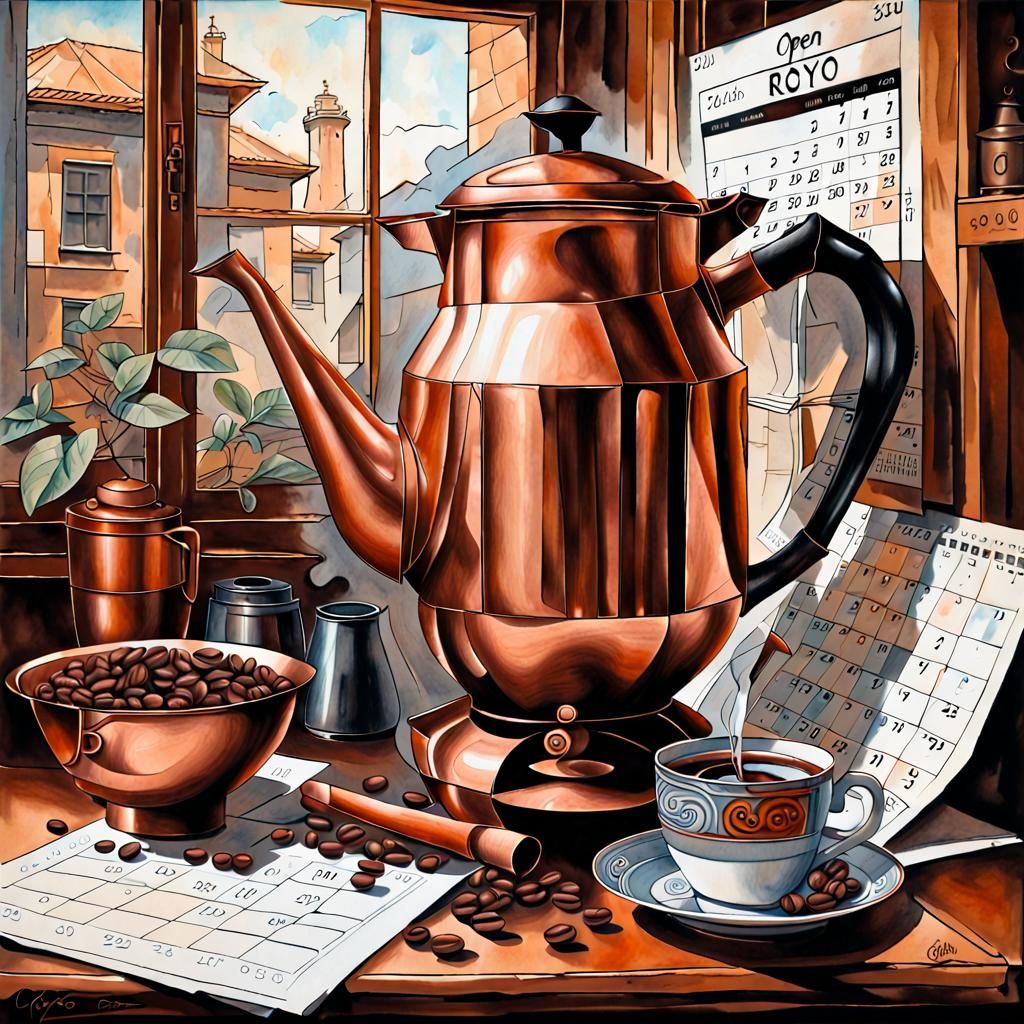 Copper Coffee Pot Still Life in Graphic Art Style
