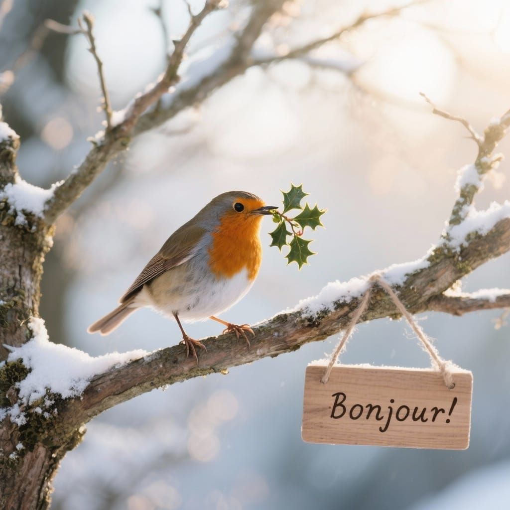 Robin with Mistletoe in Winter Sunlight