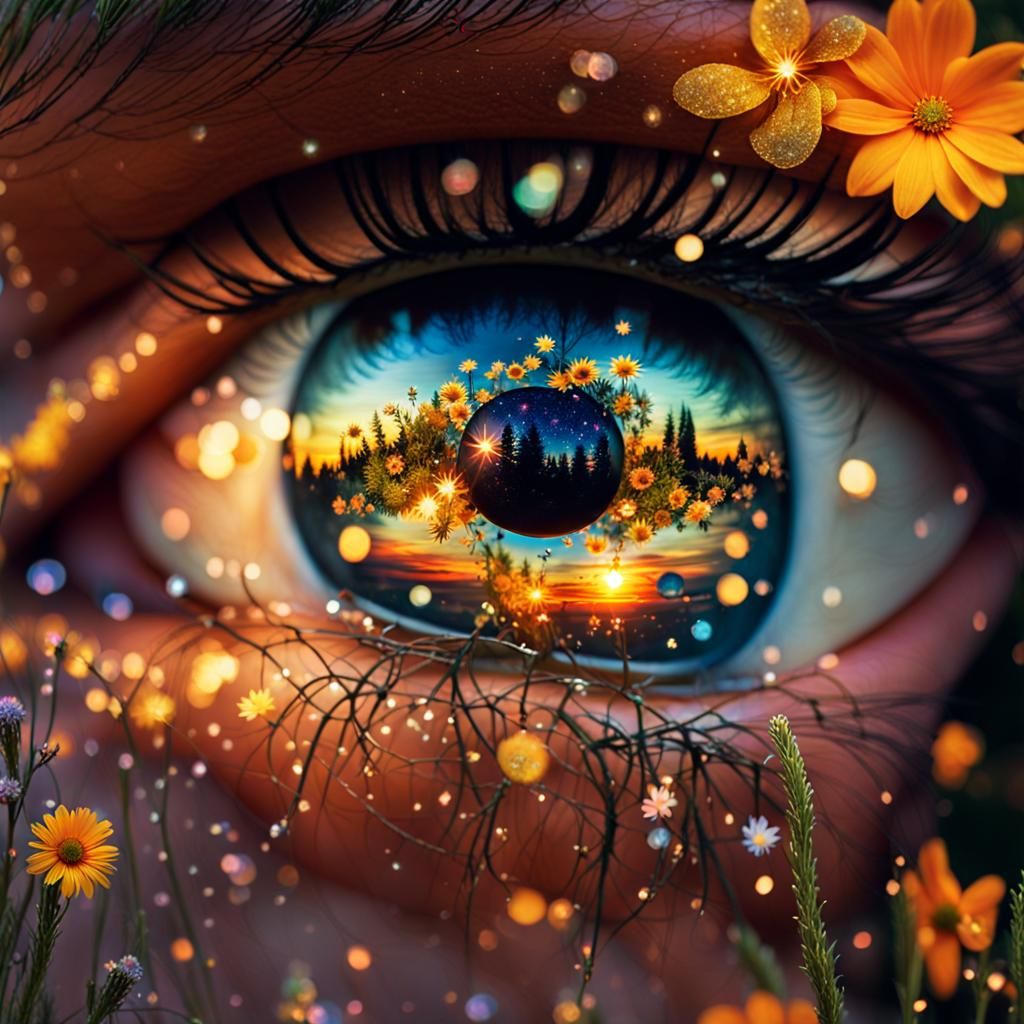 Sparkling Sunset Eye: Hyperrealistic Floral Art Nouveau