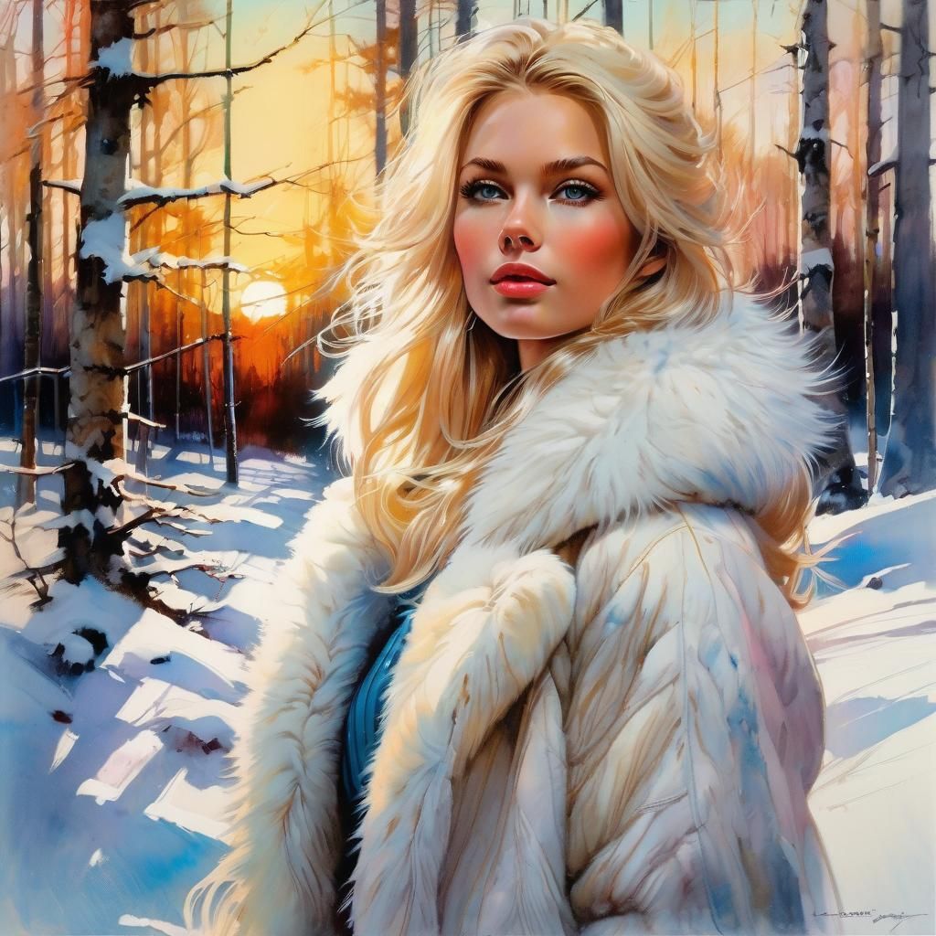 Blonde in Fur Coat, Sunset Portrait