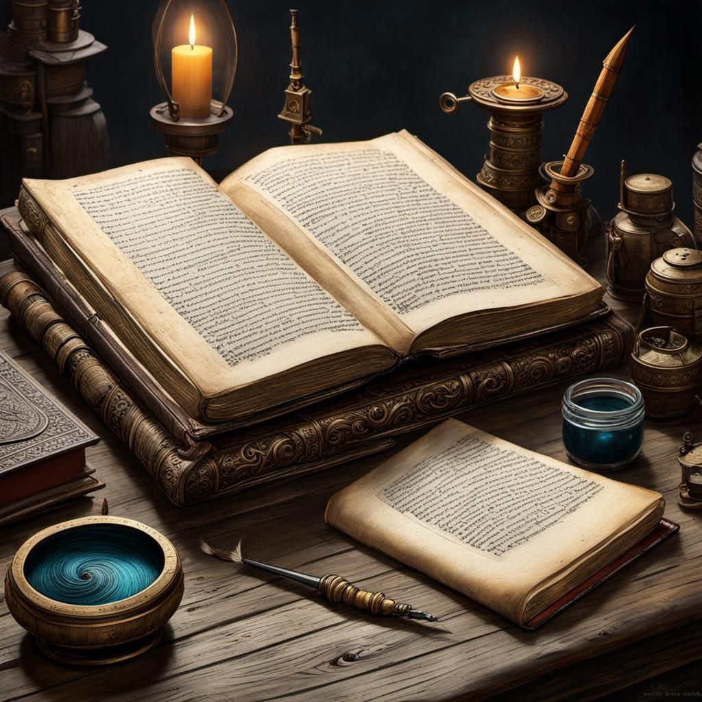 Old Book with Quill, Artwork Inspired by Monge