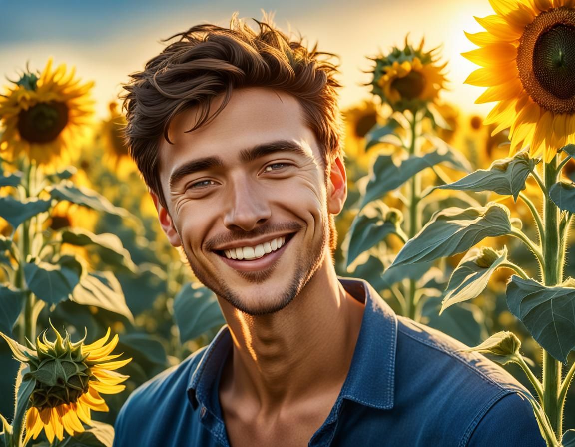 Young Man Smiling in Sunflower Field, Digital Portrait