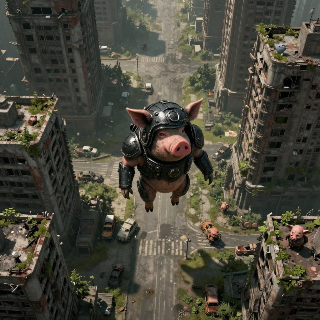 Super-Pig Man Hovers Over Ruined Cityscape