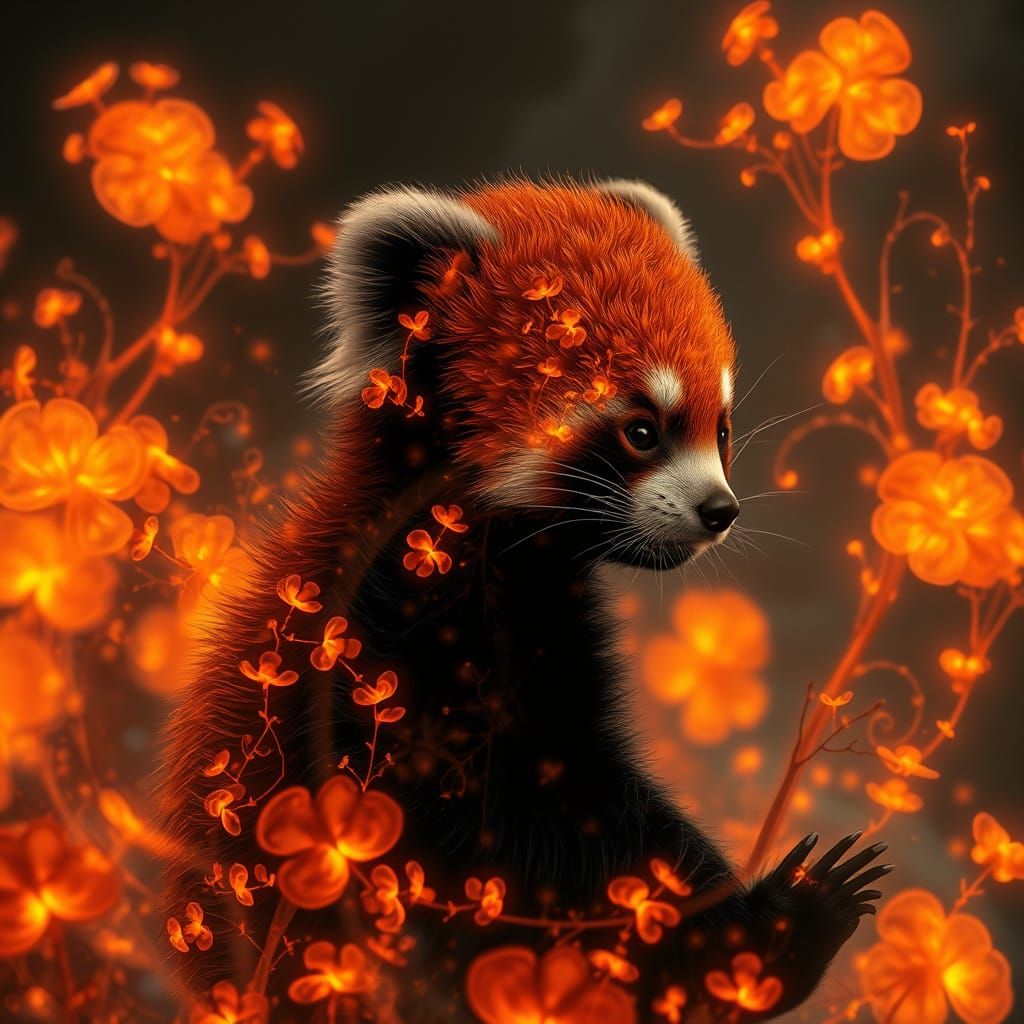 Adorable Red Panda Silhouette Filled with Bioluminescent Pla...
