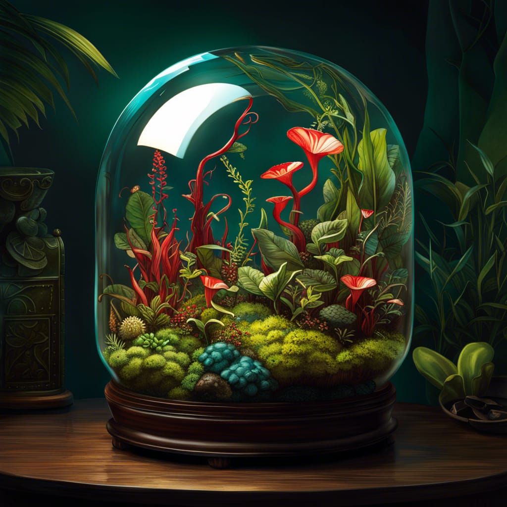 Glass Terrarium with Carnivorous Plants, 3D Render