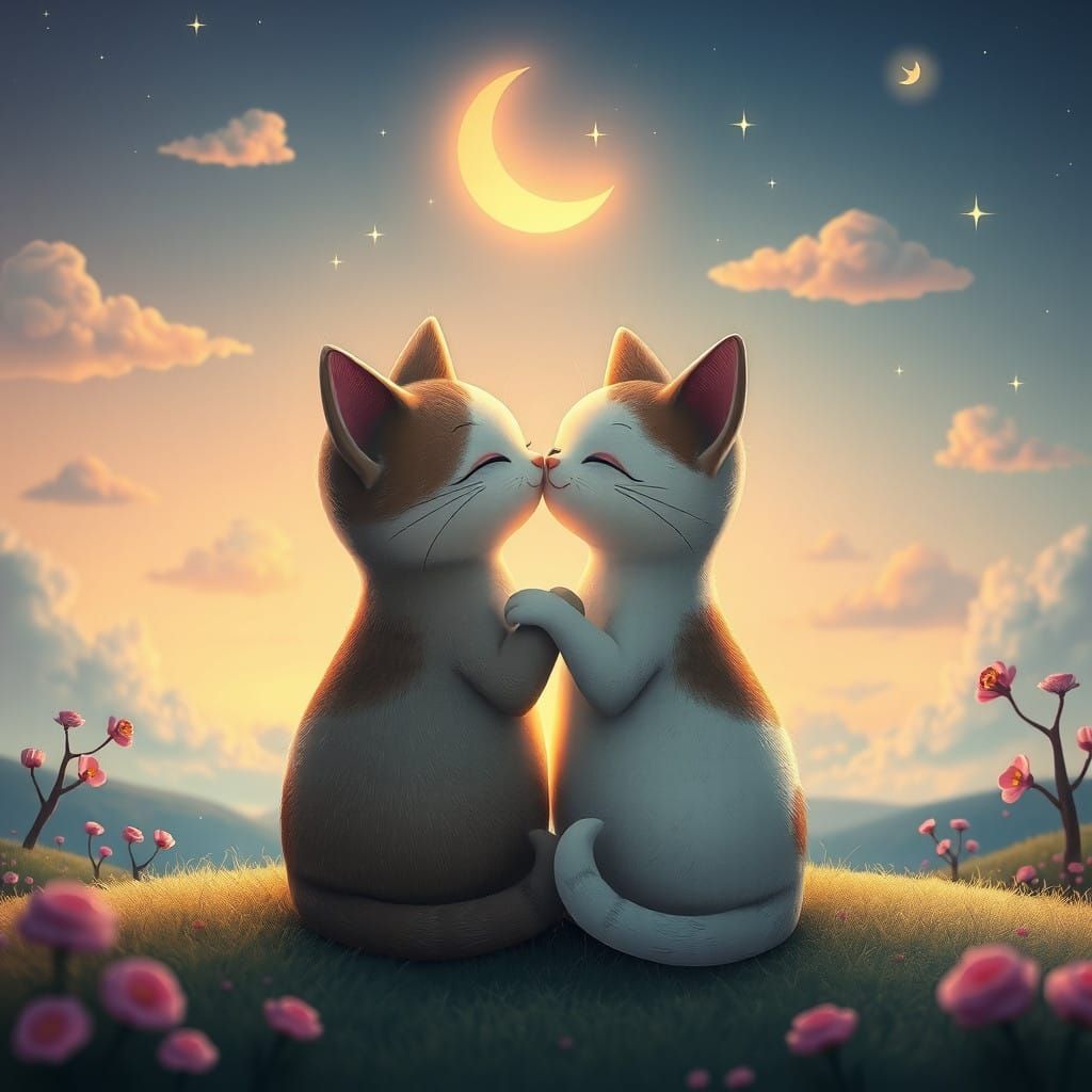 Romantic Twilight Whimsy with Cat Couple and Heart-Shaped Sk...