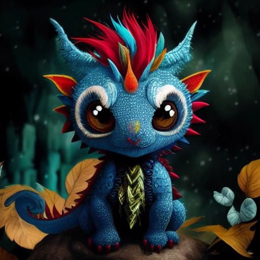 Gothic-Punk Baby Dragon in Whimsical Fairytale Scene