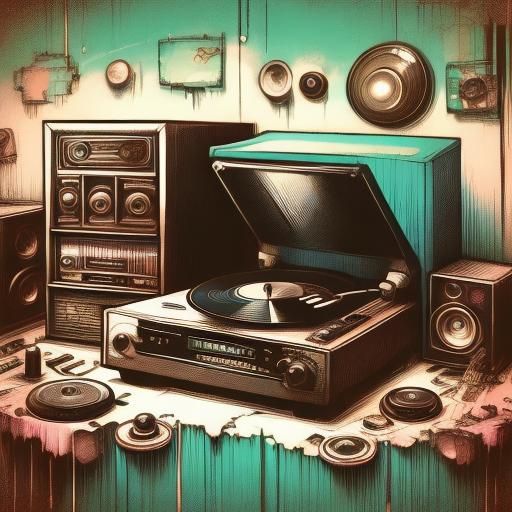 Vintage Record Player with Phonograph Speaker Sketch