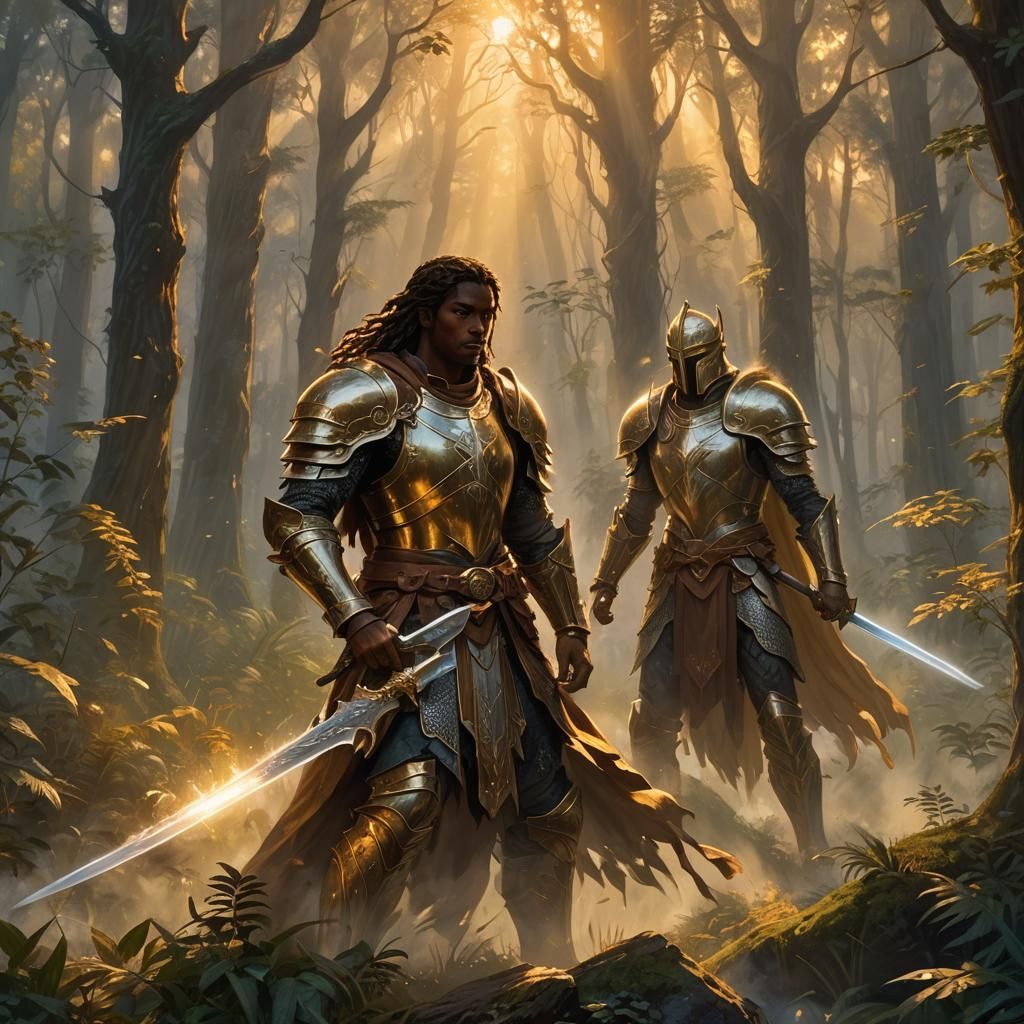 Paladin Defends Kingdom in Mystical Forest Oil Painting