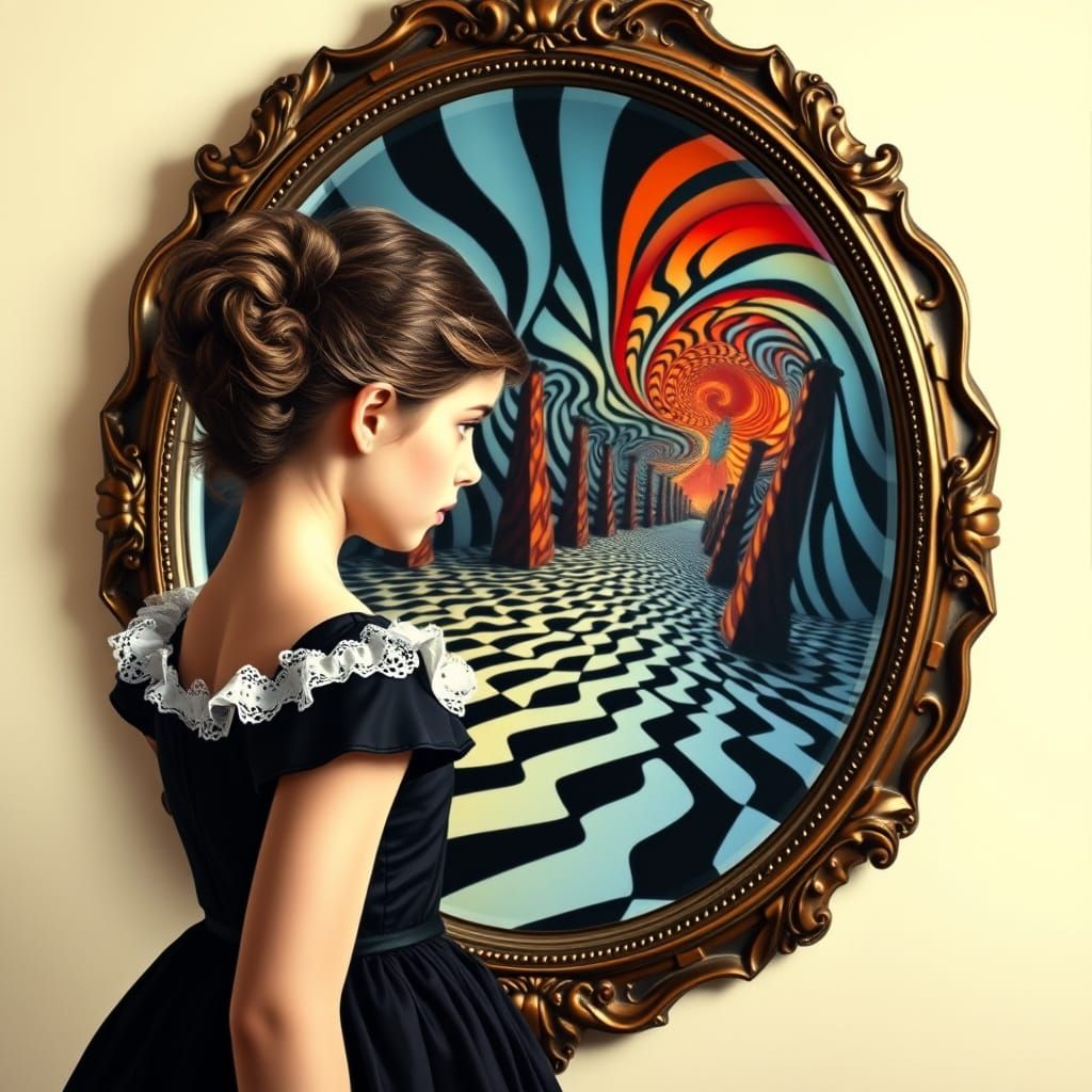 Escher-Style Girl Gazing into a Colorful Mirror