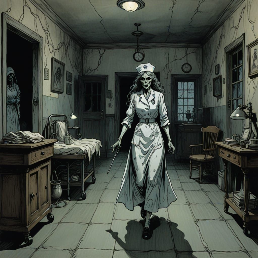 Ghostly nurse making rounds inside haunted hospital, cel-sha...
