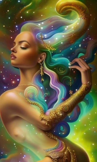 Gaia is creating the SUN HOLDING the tree of life. Beautiful woman born from the stars hyper detailed, artstation, cosmi...