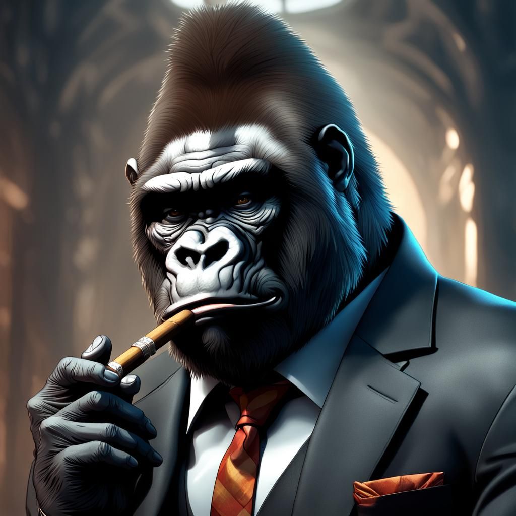 Gorilla Mafia Boss Smoking Cigar: Realistic Render
