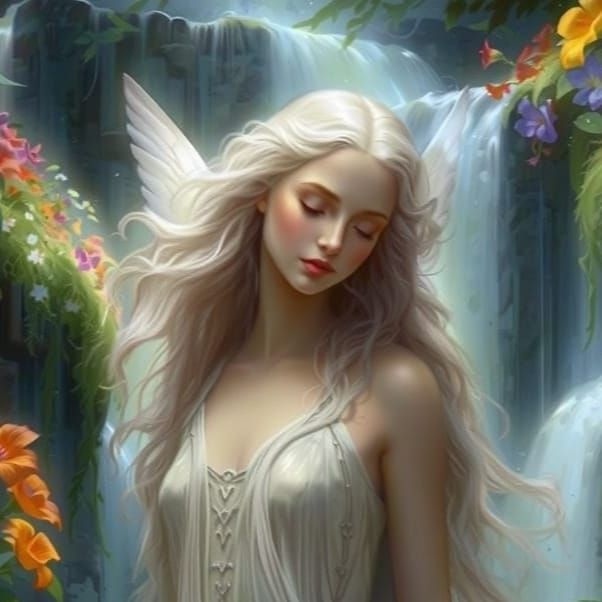 Angel Merges with Waterfall in Dreamy, Ethereal Landscape