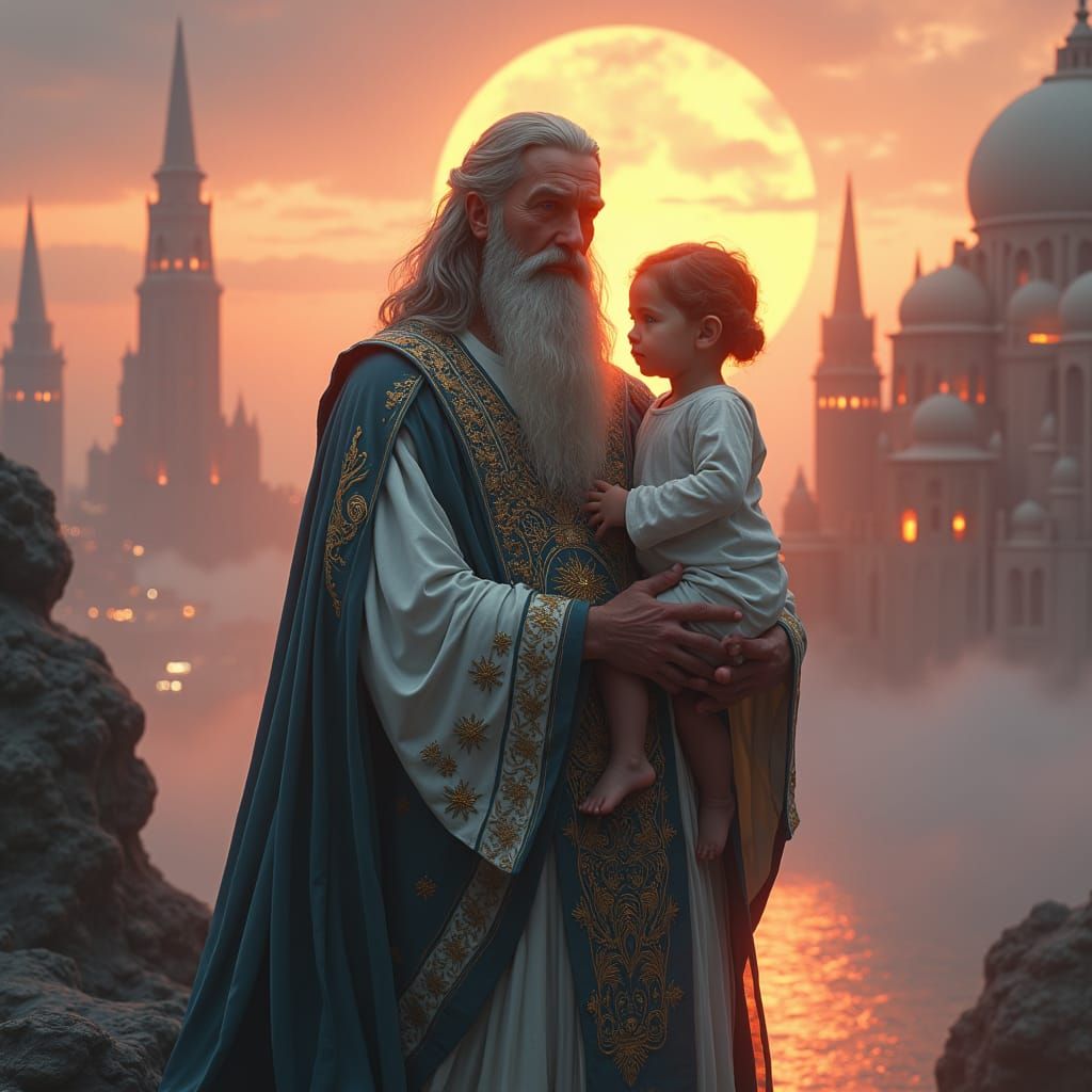 Father and Child in Iridescent Cityscape