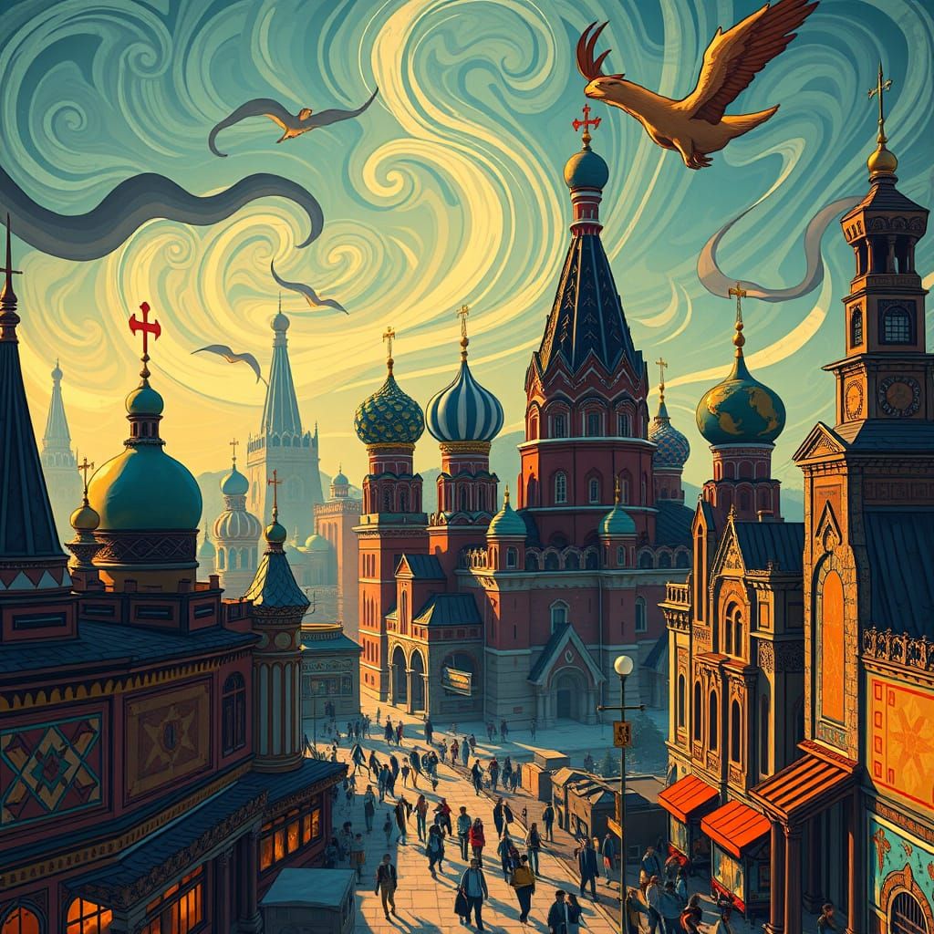 Mystical Anime Cityscape Blending Russian and Navajo Influen...