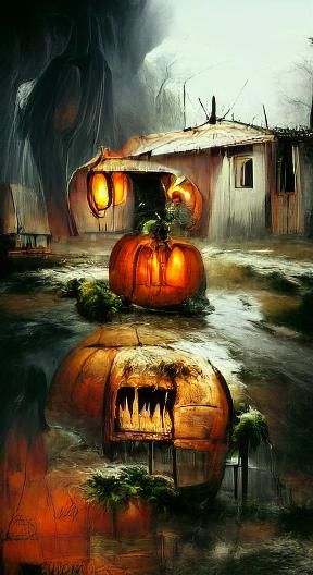 Eerie Jack O'Lantern and Horror House Scene