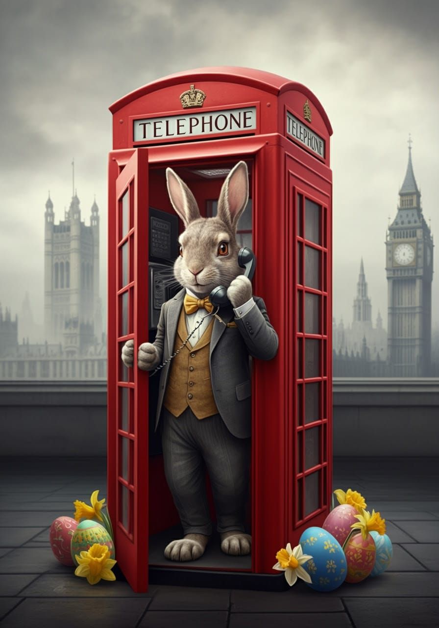 A cheerful, anthropomorphic Easter bunny, adorned with a bright yellow bow tie and holding a white gloved hand to its ea...