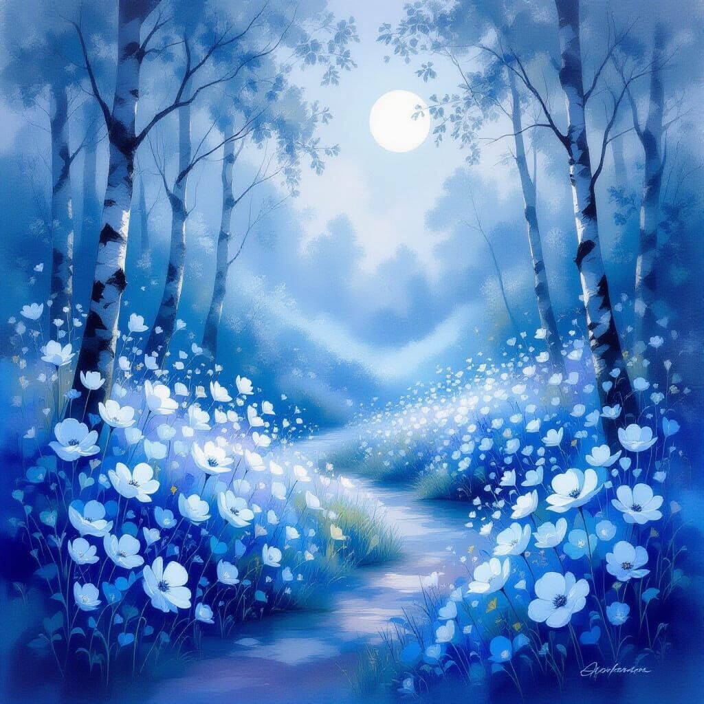 Ethereal Moonlit Forest with Blue Petals
