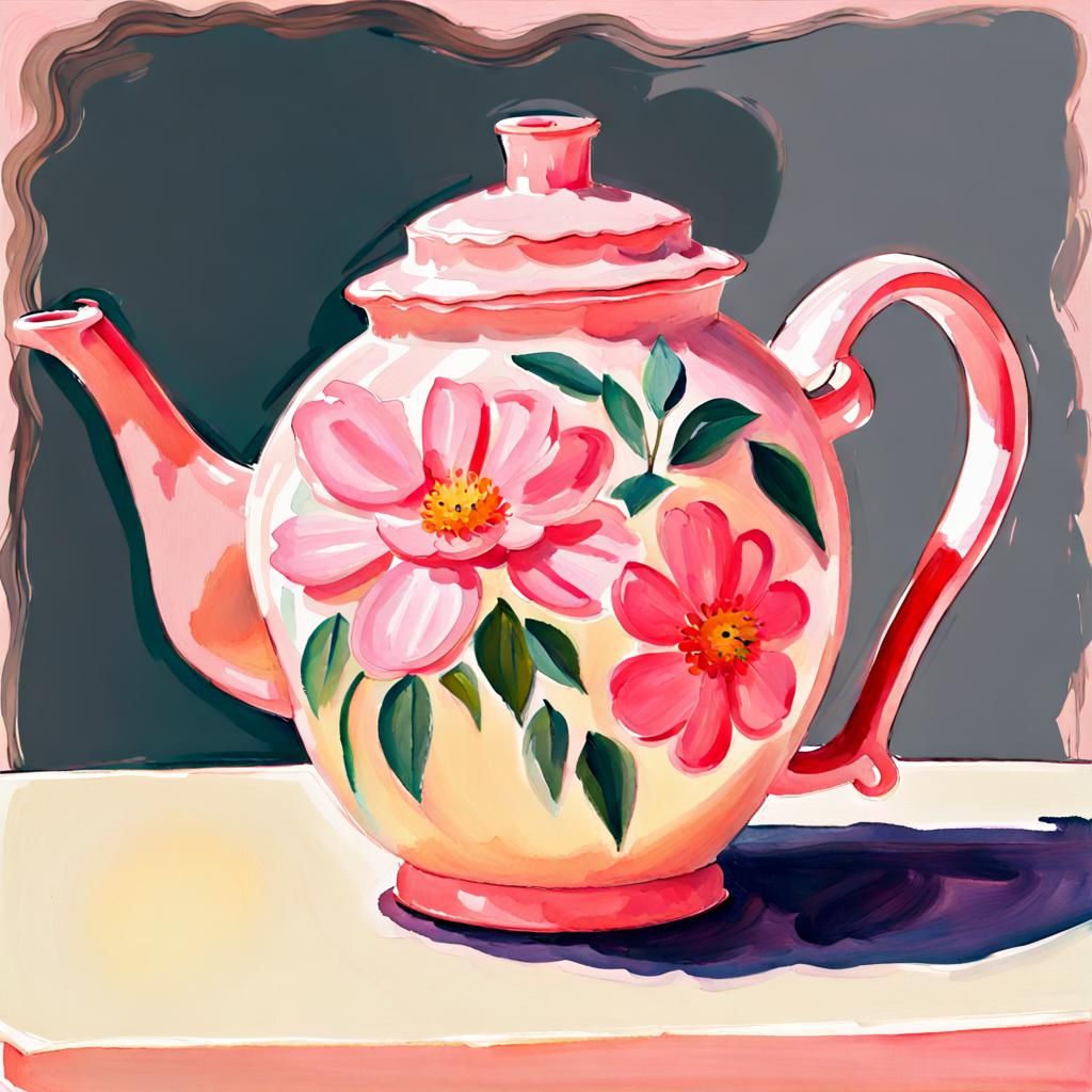 Floral Teapot in Gouache Watercolor Style