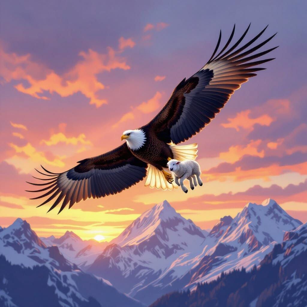 Eagle Carries Lamb Over Snowy Mountains at Sunset
