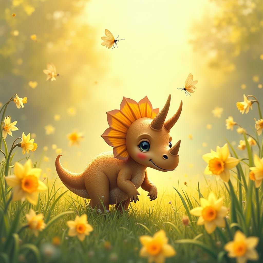 Baby Triceratops in Sunlit Meadow, Flanked by Dancing Butter...
