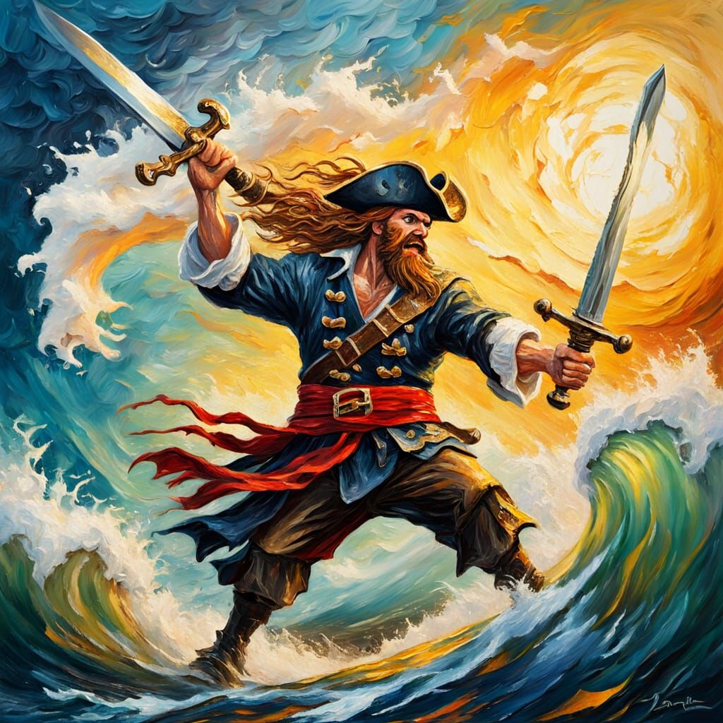 Giant Pirate Waving Sword as Impasto Painting