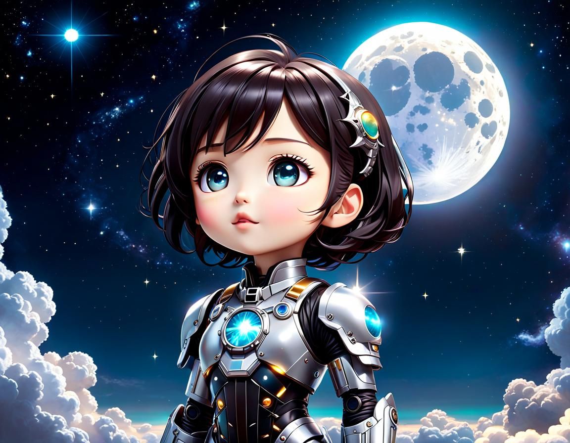 Kawaii Cyborg Gazing at Iridescent Moon: Digital Watercolor