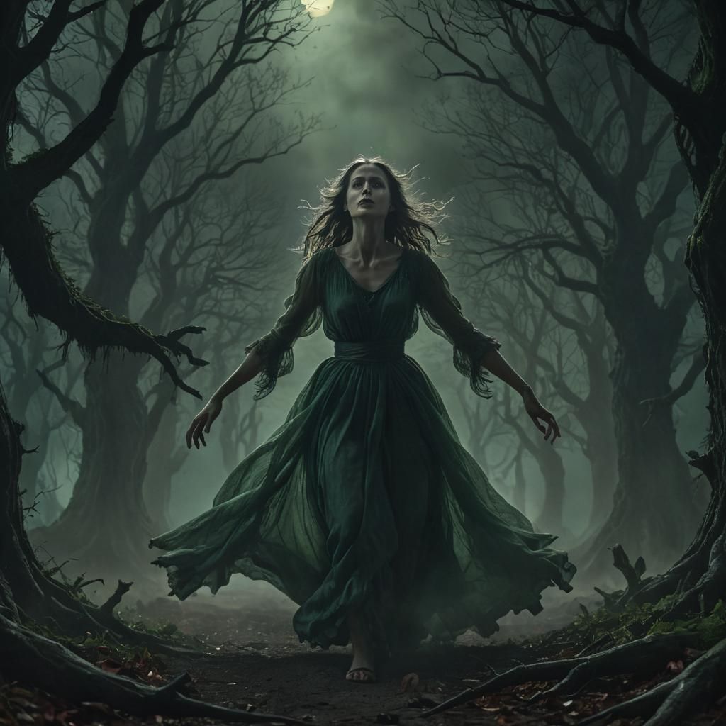 Eerie Dark Fantasy: Woman Fleeing Monster