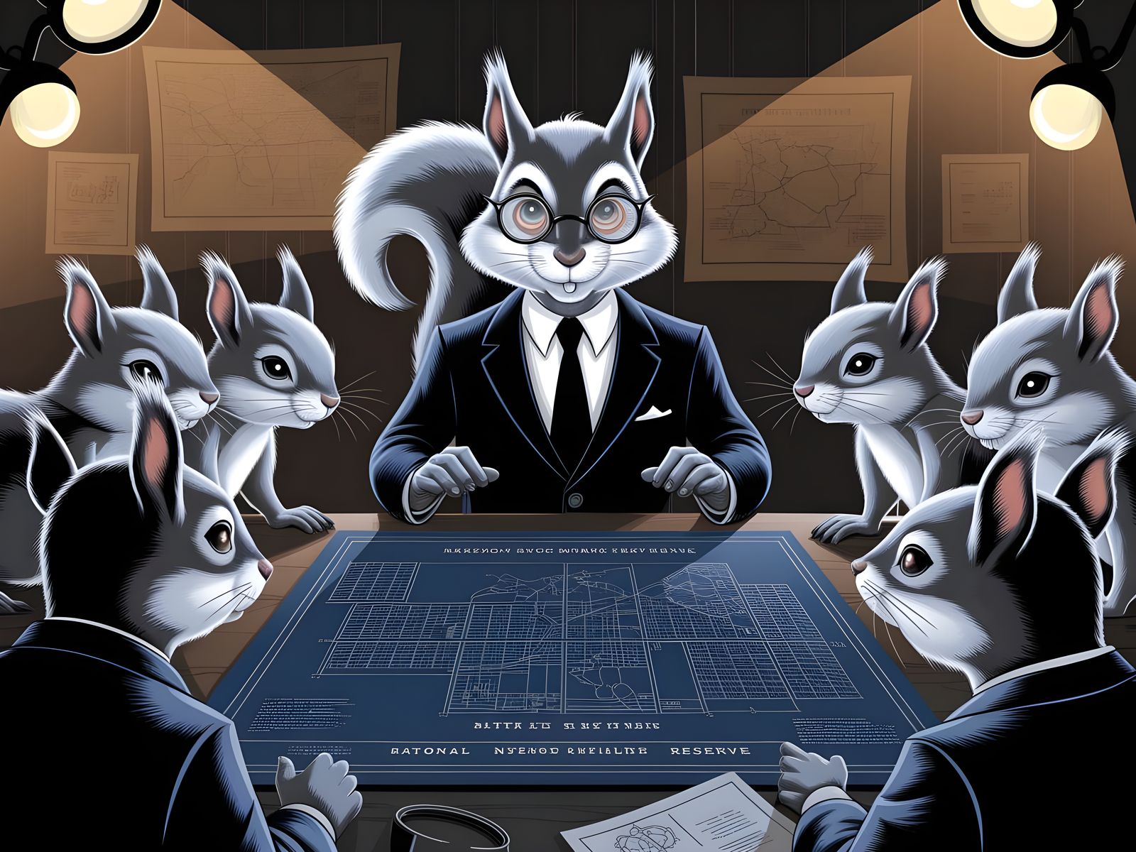 Squirrel Mastermind Plans Nut Heist: Spy Movie Illustration