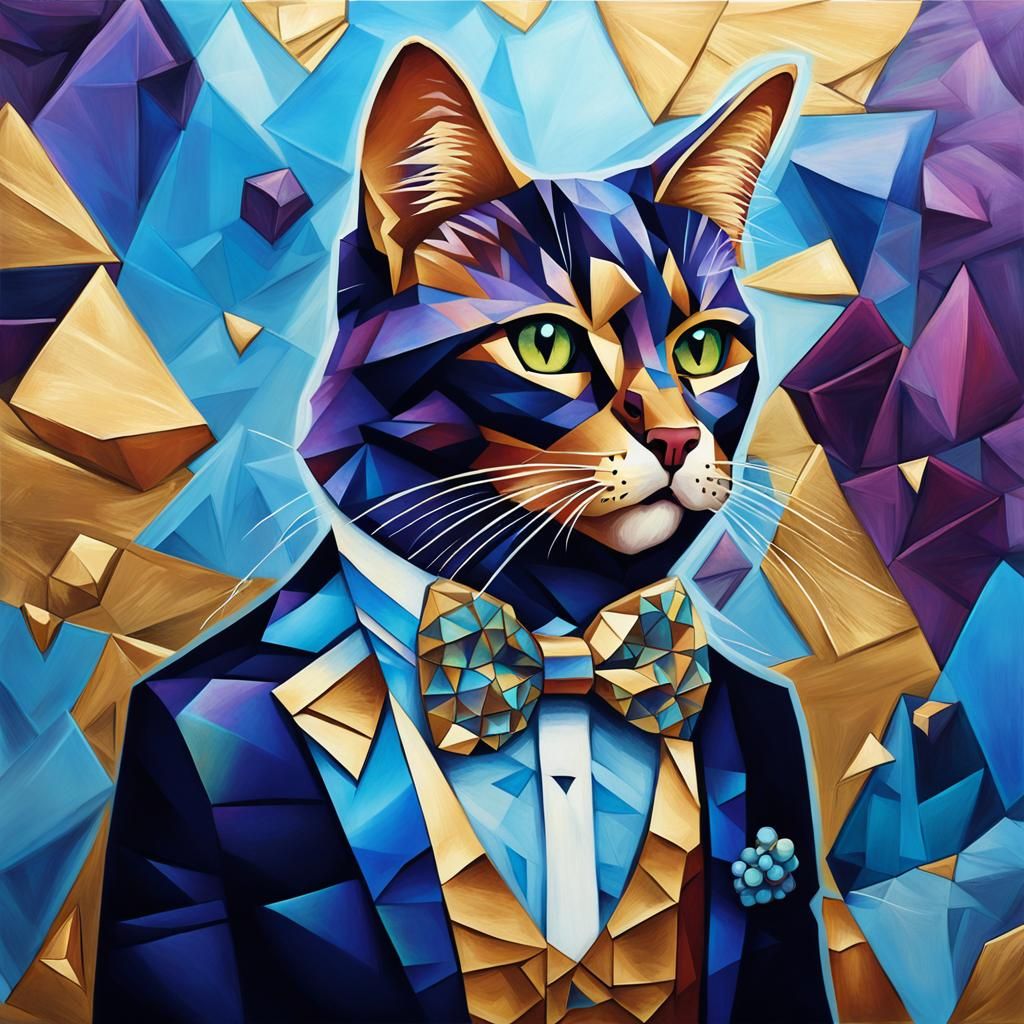 Grape-Hued Cat with Crystalline Face in Dreamscape